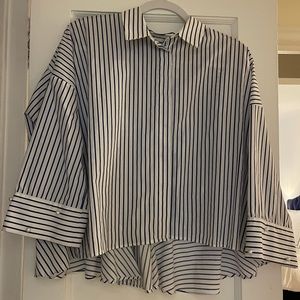 Zara Basics white & blue stripes button down with pearl sleeve detail
